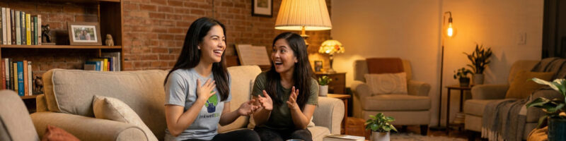photo of a warm engaged conversation in a cozy living room between two Filipinas