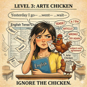 image showing a filipina and chicken being perfectionists over grammar