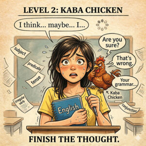 Image detailing the mid-sentence stop. Shows a Filipina pausing amongst a barrage of letter with a chicken creating doubt