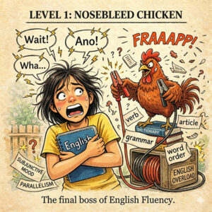 Meme explaining pre/post freeze speaking hurdles. Shows a chicken comically shocking a filipina